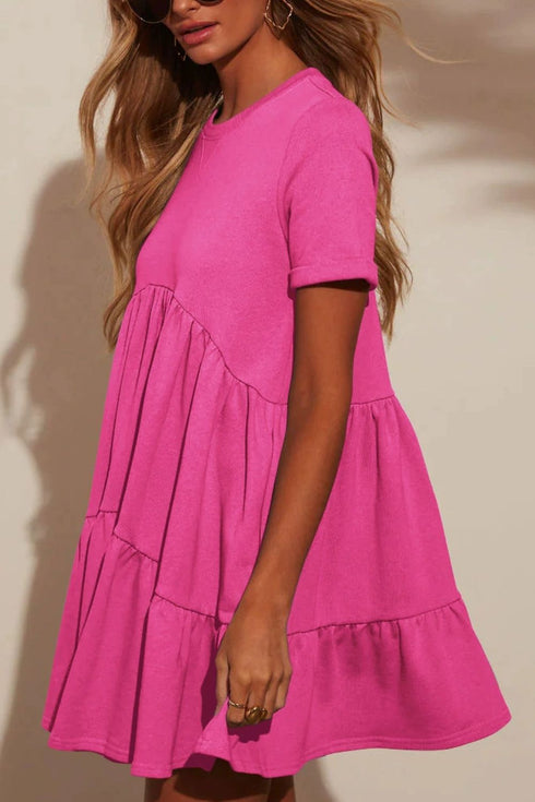 Tiered Round Neck Short Sleeve Mini Dress - Odaingerous